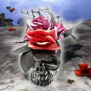 Black Skull Vase With Red & Pink Roses Gothic Halloween Decor Artificial Flowers